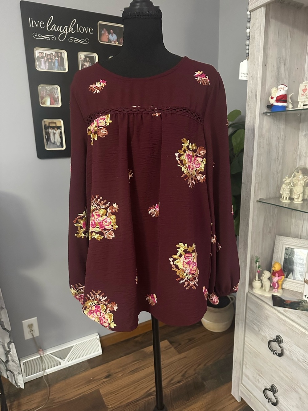 Figueroa & Flower Burgundy Floral Lace-Yoke Peasant Blouse